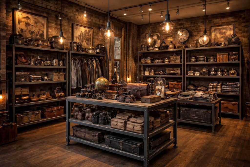 découvrez comment aménager une boutique vintage en mettant en valeur des présentoirs métalliques industriels et un éclairage edison pour une ambiance rétro et authentique.